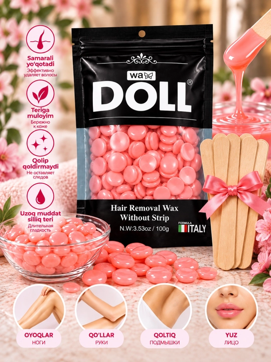 Воск DOLL для депиляции 100 г Розовый и жёлтый, бонус — шпатели - 