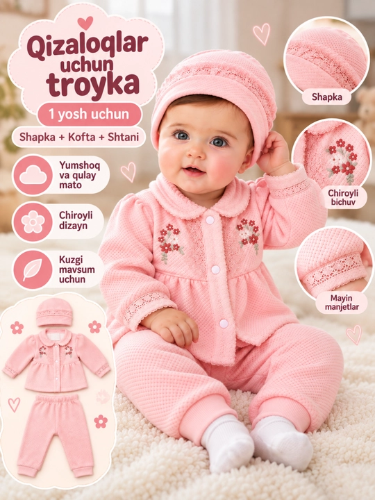 Qizaloqlar uchun yumshoq pushti va oq troyka 1 yosh, kofta shtani shapka - 