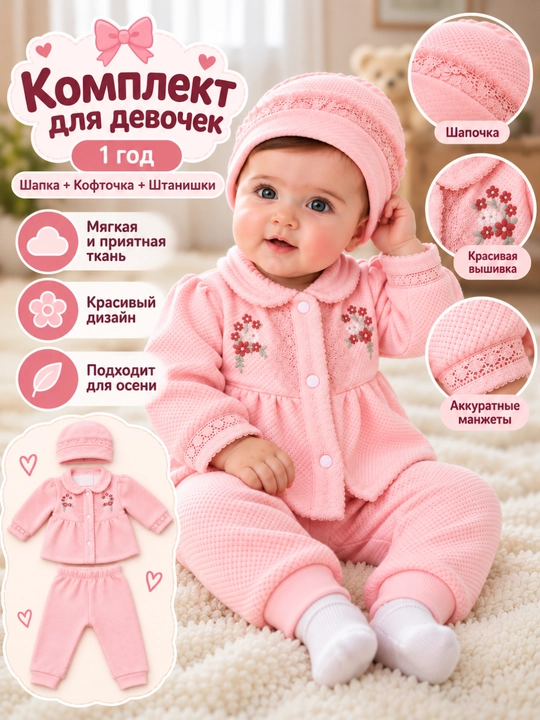Мягкий розовый и белый костюм-тройка для девочки 1 года, кофта штаны шапка