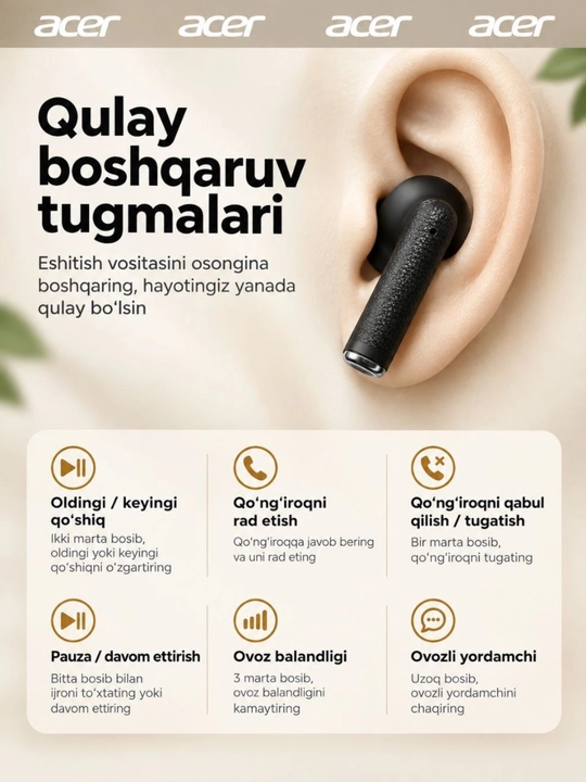 Acer quloqchinlari, simsiz, TWS, sensorli displeyli, LED yoritgichli, iPhone Android uchun