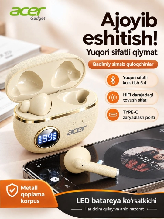 Acer quloqchinlari, simsiz, TWS, sensorli displeyli, LED yoritgichli, iPhone Android uchun
