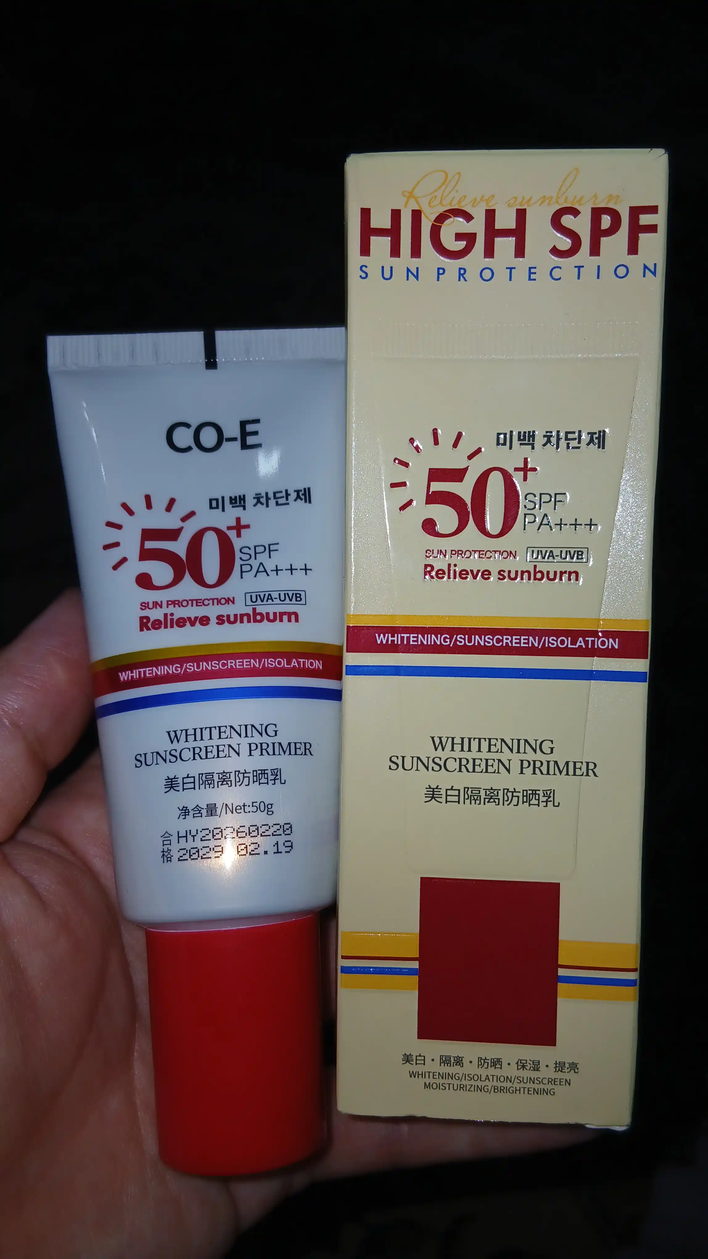 Quyoshdan himoyalovchi CO-E oqartiruvchi namlantiruvchi SPF50 PA kremi