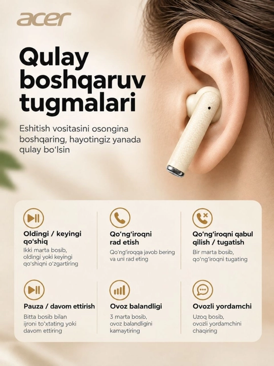Acer quloqchinlari, simsiz, TWS, sensorli displeyli, LED yoritgichli, iPhone Android uchun