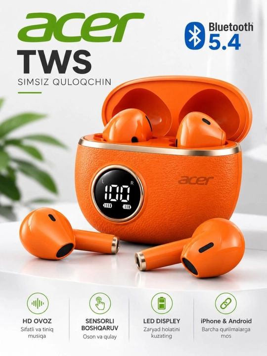Acer quloqchinlari, simsiz, TWS, sensorli displeyli, LED yoritgichli, iPhone Android uchun