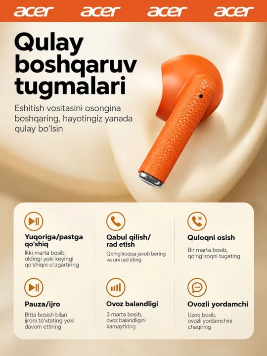 Acer quloqchinlari, simsiz, TWS, sensorli displeyli, LED yoritgichli, iPhone Android uchun