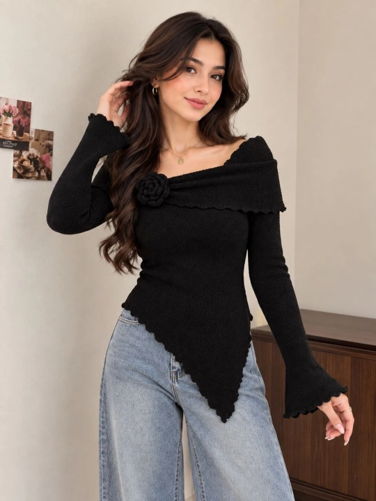 Ayollar uchun nafis sviter, gul bezakli, yelkasi ochiq fason, M–2XL, 6 xil rang - 