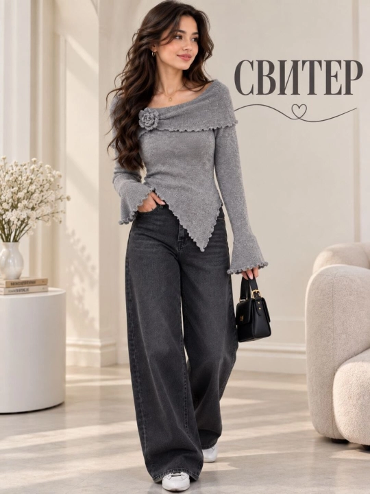 Ayollar uchun nafis sviter, gul bezakli, yelkasi ochiq fason, M–2XL, 6 xil rang - 
