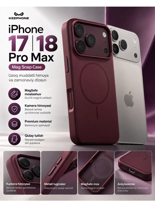 IPhone 17 / 18 Pro Max uchun MagSafe g‘ilof, magnit halqali Mag Snap Case