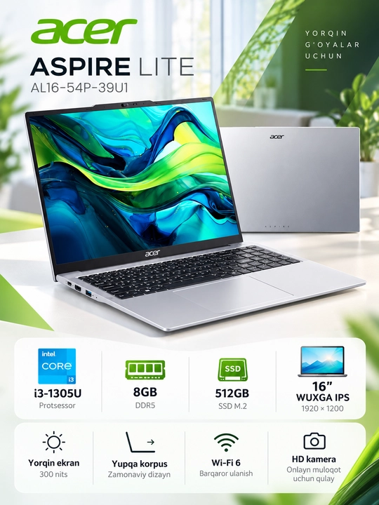 Ноутбук ACER ASPIRE LITE  I3-1305U DDR5 8GB 512GB SSD 16" WUXGA IPS SILVER + WINDOWS 11 - 