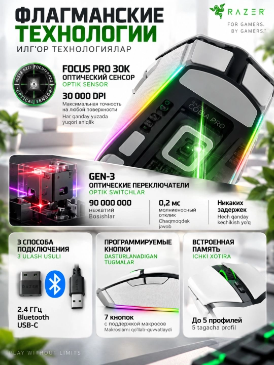 Беспроводная игровая мышь Razer Cobra Pro White, 30000 DPI, Chroma RGB, с гарантией