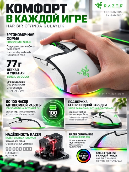 Беспроводная игровая мышь Razer Cobra Pro White, 30000 DPI, Chroma RGB, с гарантией