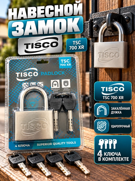 Навесной замок TISCO TSC 700 XR с 4 ключами, закаленная дужка - 