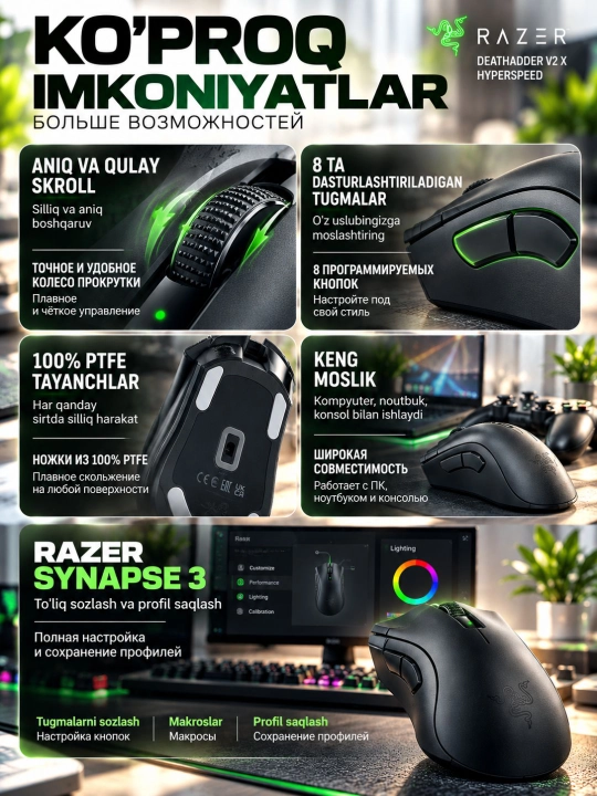 Мышка беспроводная Razer DeathAdder V2 X HyperSpeed, игровая, 14000 DPI, Bluetooth