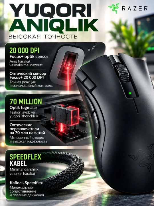 Мышка беспроводная Razer DeathAdder V2 X HyperSpeed, игровая, 14000 DPI, Bluetooth