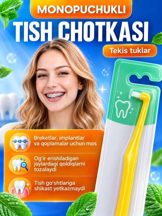 Breket va tishlararo tirqishlar uchun bir tutamli tish cho‘tka, tekis tutamli - 