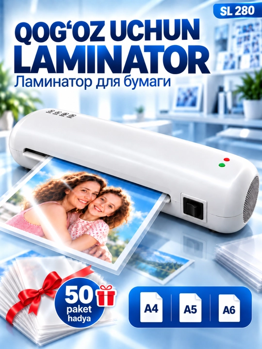 Ламинатор SL 280 A4, A5, A6 для бумаги, документов и фотографий+ 50 специальных пакетов - 