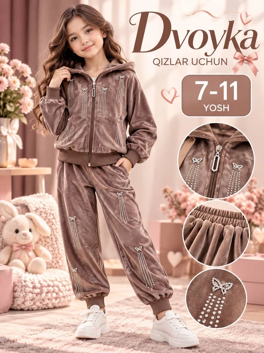 Qizlar uchun velur ikki qisimli kostyum, kapyushonli sport kiyim 7–11 yosh - 