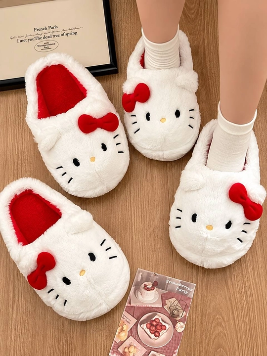 Ayollar uchun yumshoq uy shippaklari, mo‘ynali tapochki, yurakchali, Hello Kitty