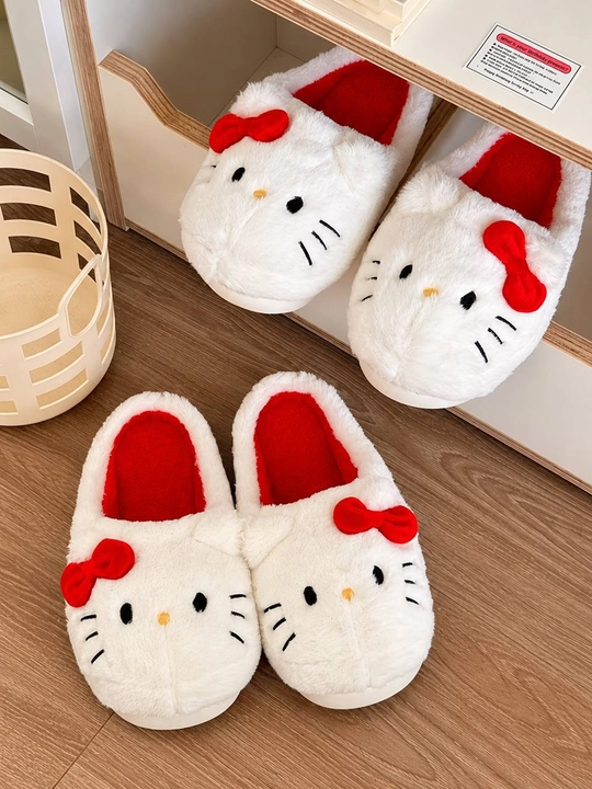 Ayollar uchun yumshoq uy shippaklari, mo‘ynali tapochki, yurakchali, Hello Kitty