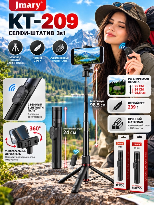 Селфи-палка Jmary KT-209 3 в 1, штатив-трипод, Bluetooth-пульт, до 98,5 см
