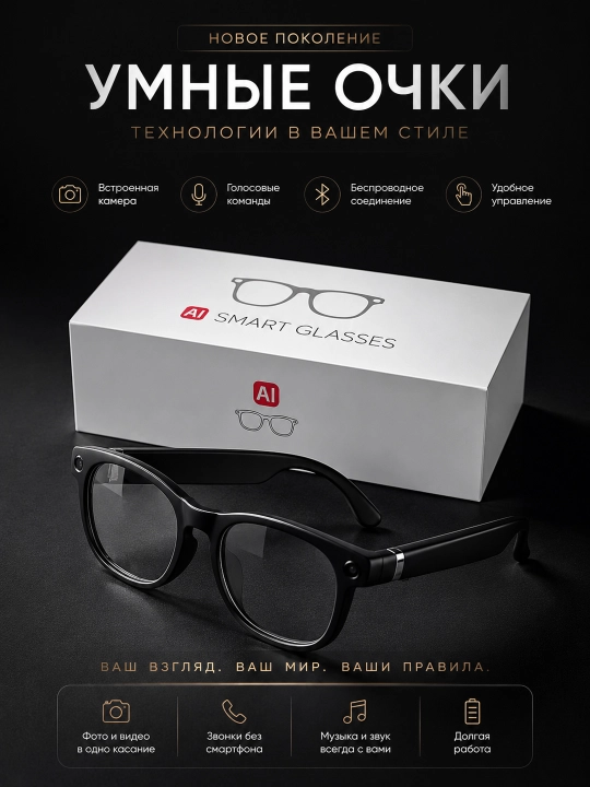 AI aqlli ko‘zoynak 1080P Full HD kamera, ovozli boshqaruv, Bluetooth, Wi-Fi, 220 mAh