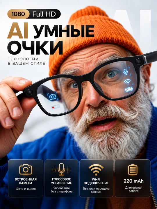 AI aqlli ko‘zoynak 1080P Full HD kamera, ovozli boshqaruv, Bluetooth, Wi-Fi, 220 mAh - 