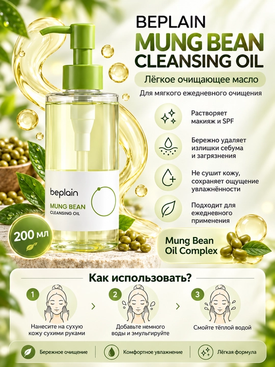 BEPLAIN Mung Bean Cleansing Oil yuz tozalovchi gidrofil moy, makiyaj va SPF uchun, 200 ml