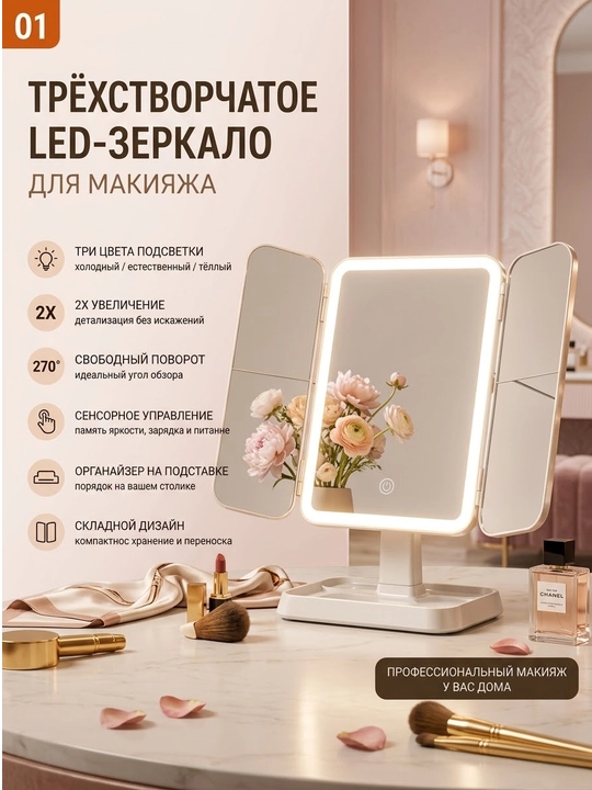 Зеркало для макияжа с подсветкой LED складное 2X 3X Type-C сенсорное - 