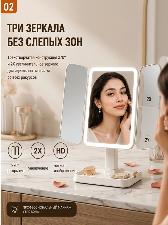 LED yoritgichli makiyaj oynasi 2X 3X kattalashtiruvchi Type-C sensorli