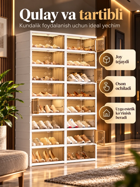 Oyoq kiyim uchun javon, 9 qavatli yig‘iladigan plastmassa poyabzal shkafi - 
