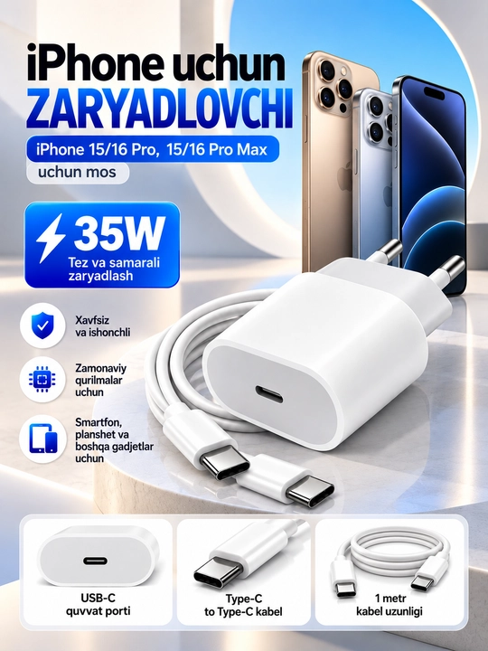 Комплект для зарядки моделей iPhone 13,14, 15, 16  поддерживает быструю зарядку - 