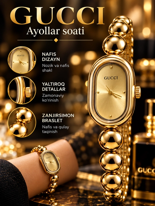 Qo'l soat ayollar uchun. Gucci ayollar qo'l soati, oval shaklda, kvars mexanizmlii - 