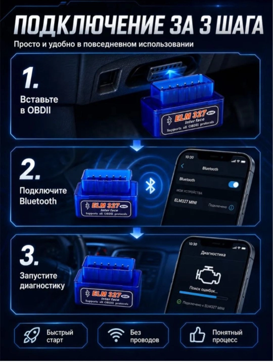 Avtodiagnostik xatolik skaneri ELM327 OBD2 V2.1, Android, Bluetooth