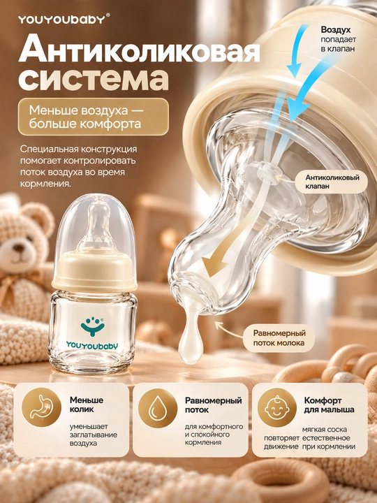 Детская бутылочка для кормления, 60 мл, стеклянная, с антиколиковой системой YOUYOUBABY