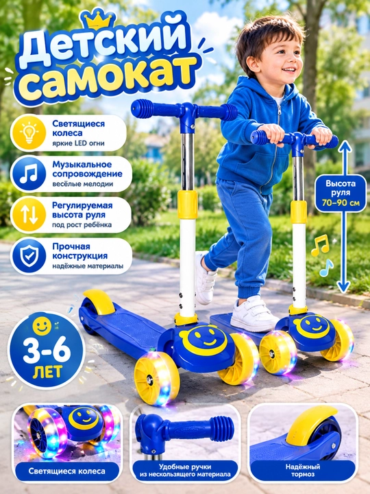 Детский самокат складной, с подсветкой и музыкальным сопровождением, с регулировкой руля - 