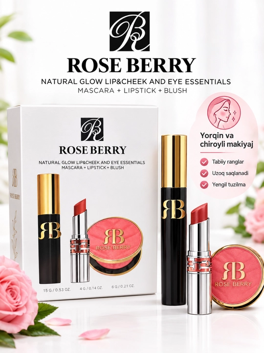 Rose Berry набор 3 в 1: тушь для ресниц, помада и румяна для макияжа