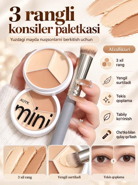3 rangli konsiler paletkasi, yuz va ko‘z osti uchun kremli korrektor
