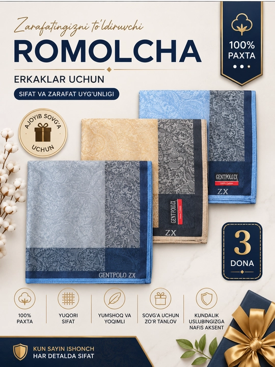 Мужские носовые платки, размер: 42×42 см, в комплекте 3 штуки - 