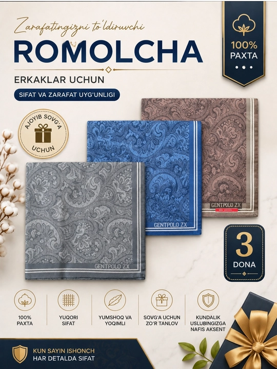 Erkaklar ro'molchasi,dastro'mol, o‘lchami: 42×42 sm, to‘plamda 3 dona - 