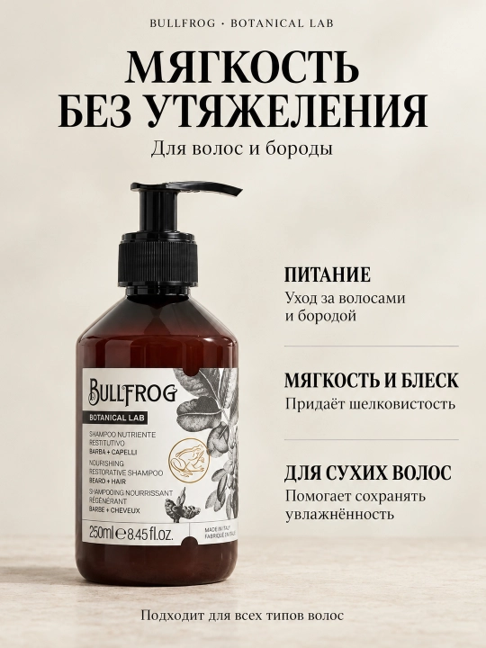 Шампунь для волос и бороды 250 мл Bullfrog