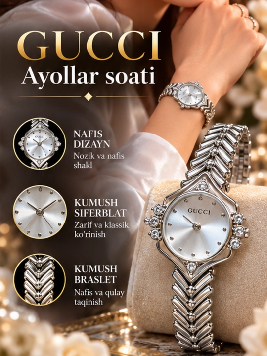 Qo'l soat ayollar uchun. Gucci ayollar qo'l soati, kvars mexanizm, sovg'a qutisida - 
