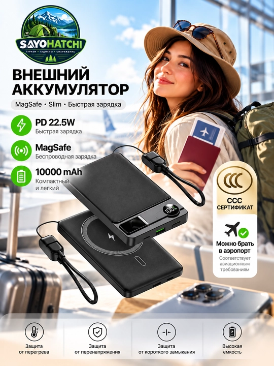 Reex RPB-12 10000 mA/soat quvvat banki, MagSafe, PD 22,5 Vt, 15 Vt, CCC, Slim