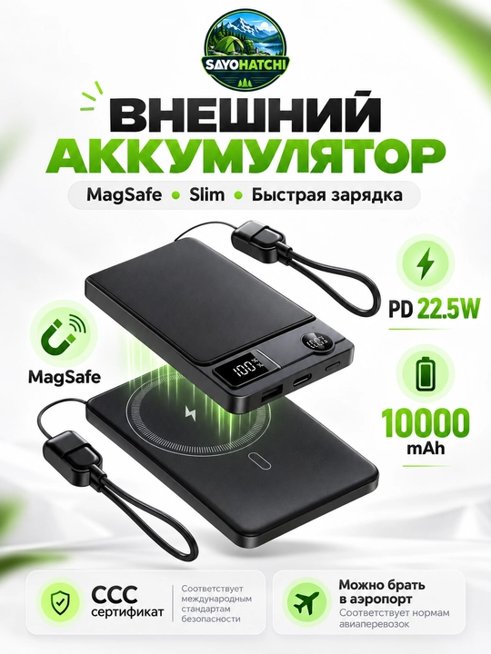 Reex RPB-12 10000 mA/soat quvvat banki, MagSafe, PD 22,5 Vt, 15 Vt, CCC, Slim