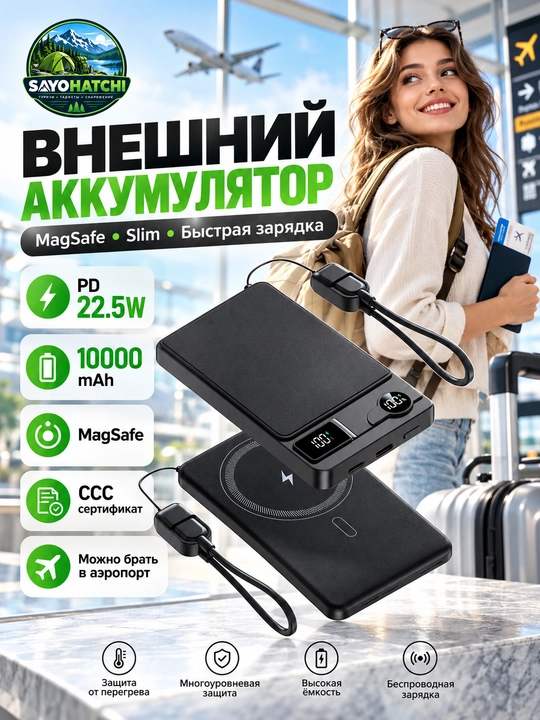 Reex RPB-12 10000 mA/soat quvvat banki, MagSafe, PD 22,5 Vt, 15 Vt, CCC, Slim - 