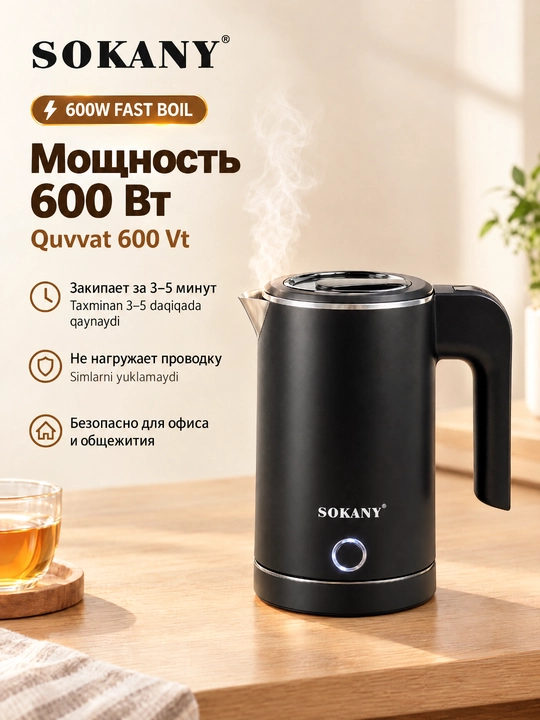 Elektr mini choynak SOKANY 0,5L 600W zanglamaydigan po'lat 360° asos avtomatik o'chish