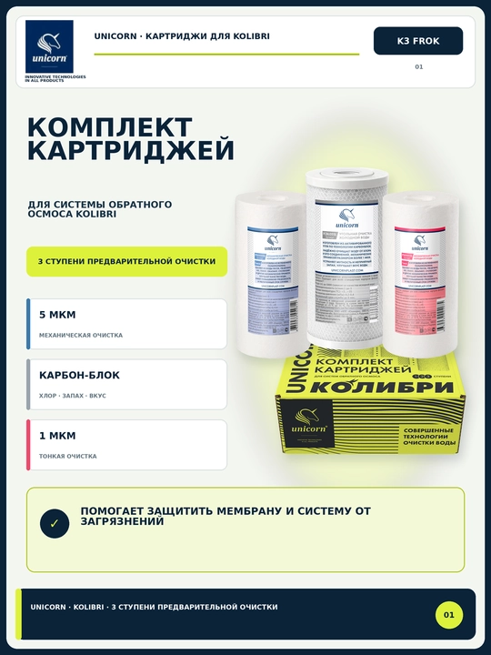 Комплект картриджей SL 5" для системы обратного осмоса Kolibri K3_FROK — Unicorn - 