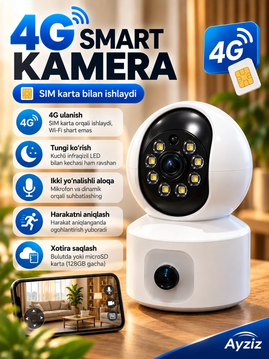 4G Sim Kartali Kamera, PTZ 4G Camera, 4G Videokuzatuv Kamerasi, V380 Pro - 