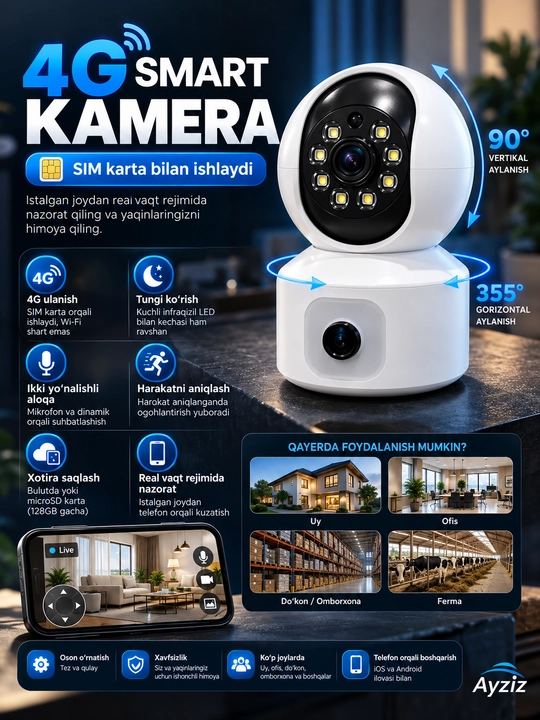 4G Sim Kartali Kamera, PTZ 4G Camera, 4G Videokuzatuv Kamerasi, V380 Pro