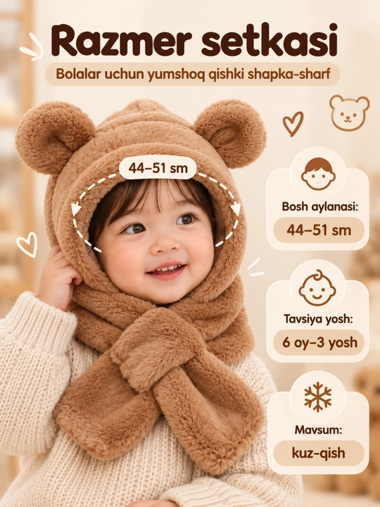 Bolalar uchun qishki shapka-sharf 2 in 1, ayiq quloqli yumshoq plyush, 6 oy–3 yosh