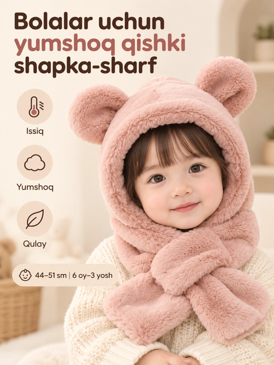 Bolalar uchun qishki shapka-sharf 2 in 1, ayiq quloqli yumshoq plyush, 6 oy–3 yosh - 